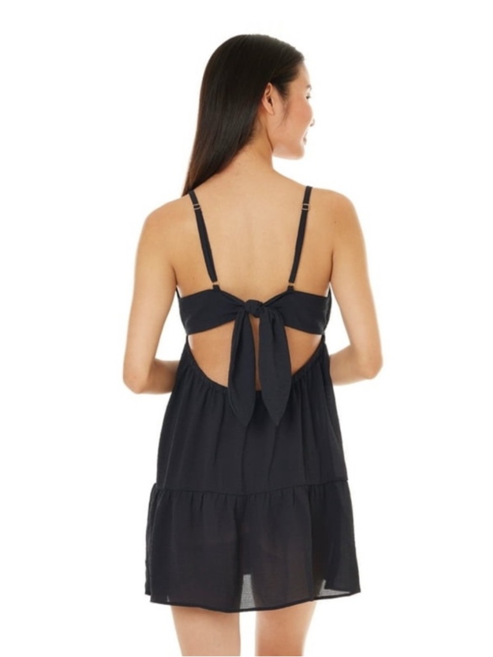 NWT Celebrity Pink Women's Tie Back Keyhole Tiered Swim Cover-Up Sheer Black XL